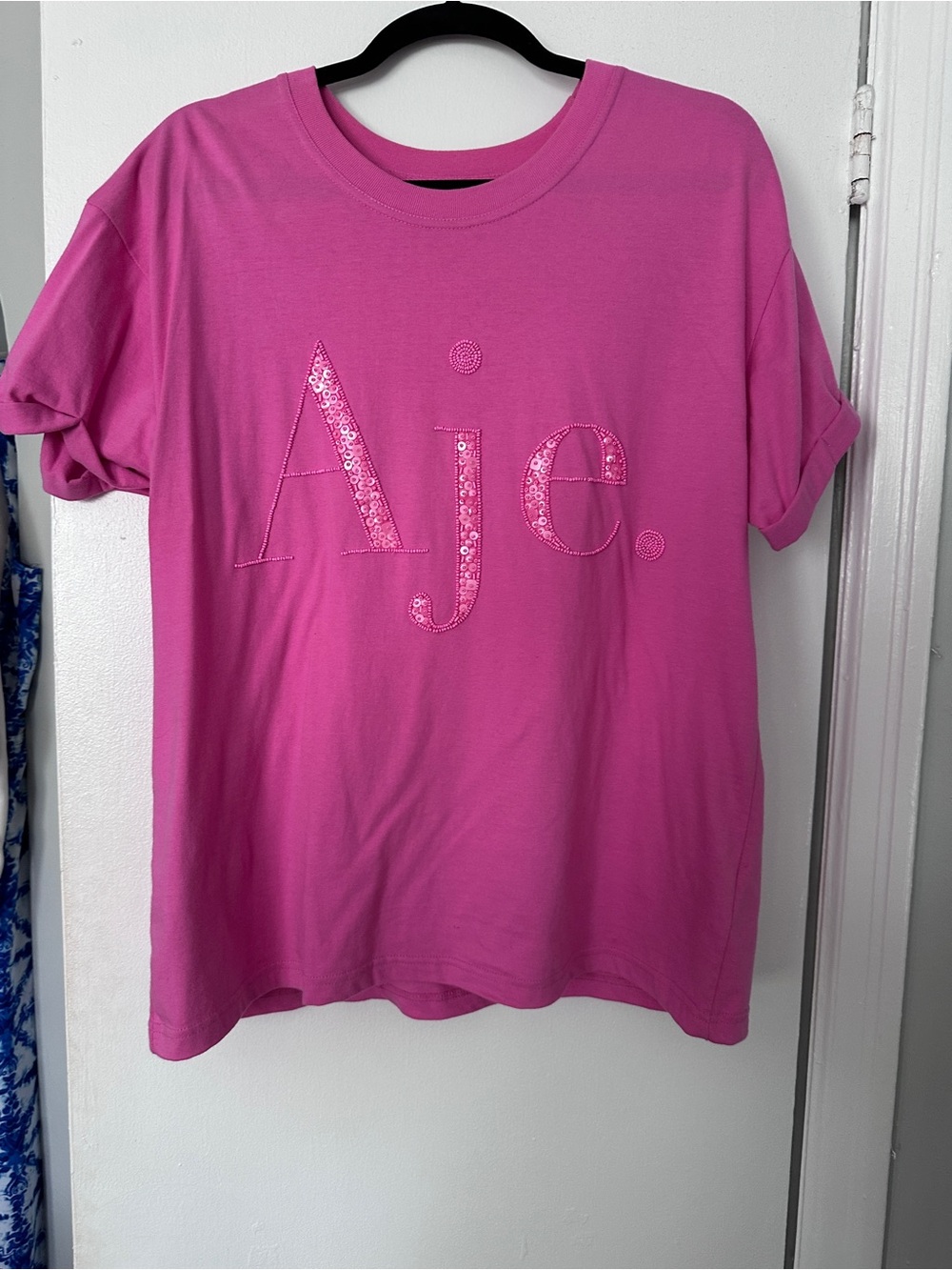 Aje Pink Sequin Logo Short Sleeve Tee
